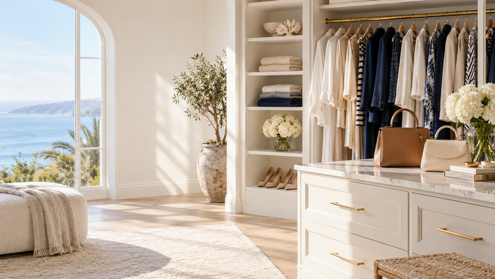 A beautifully organized coastal closet with curated clothing, handbags and shoes